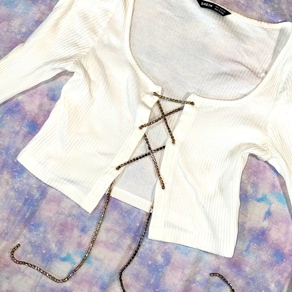 Shein • Ribbed Rhinestone Laced Cropped Sweater - Picture 3 of 10